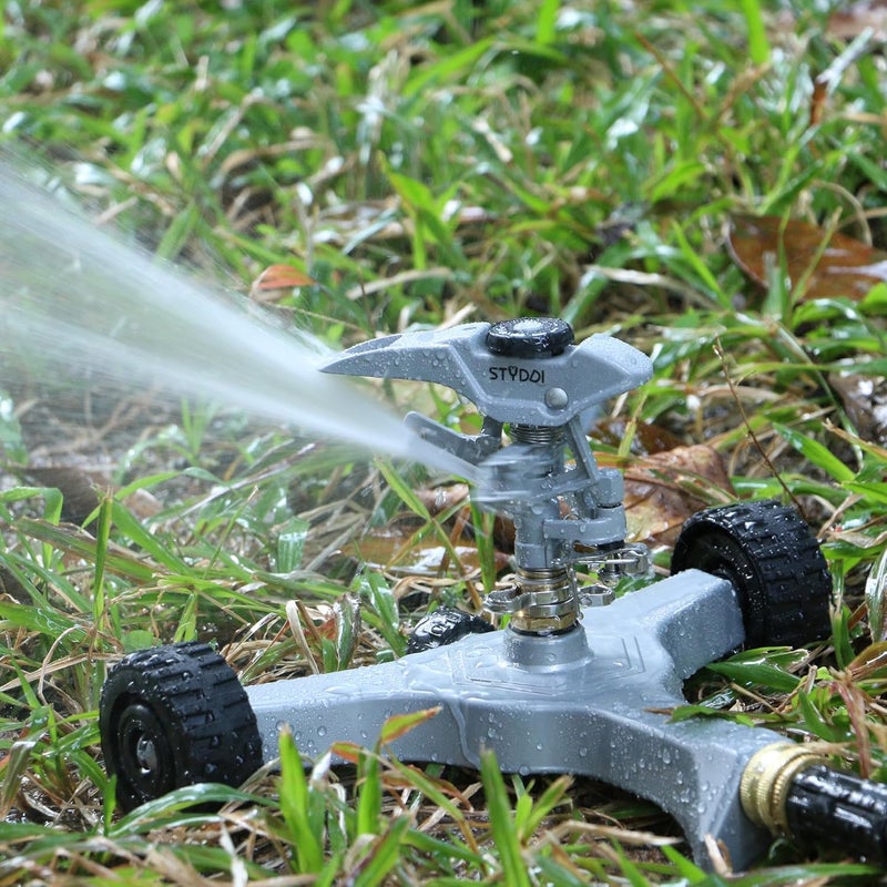 STYDDI Metal Pulsating Sprinkler on in-Series Metal Wheeled Base, Adjustable Circular Water Sprinkler for Medium to Large Circular Lawn, Yard, Garden and Large Areas, Coverage up to 6,360 Sq. ft - Image 2
